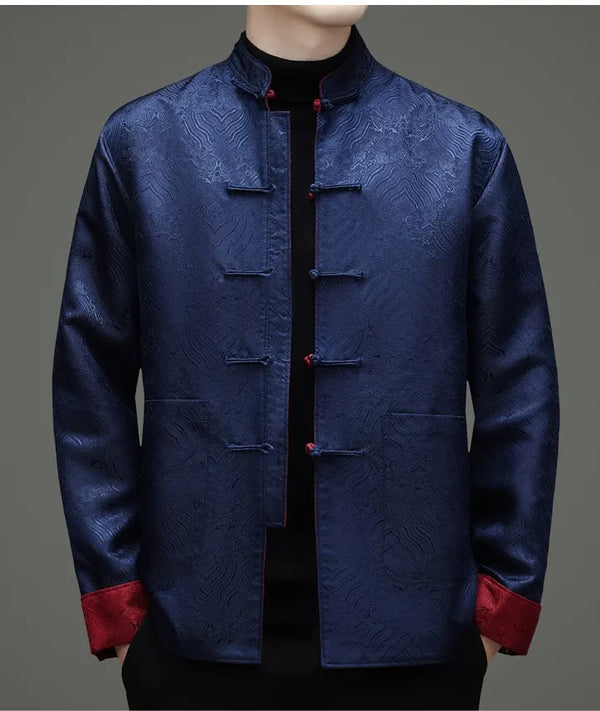 blue red Reversible Men’s Tang Jacket – Double-Sided Brocade Mandarin Coat on a gray background