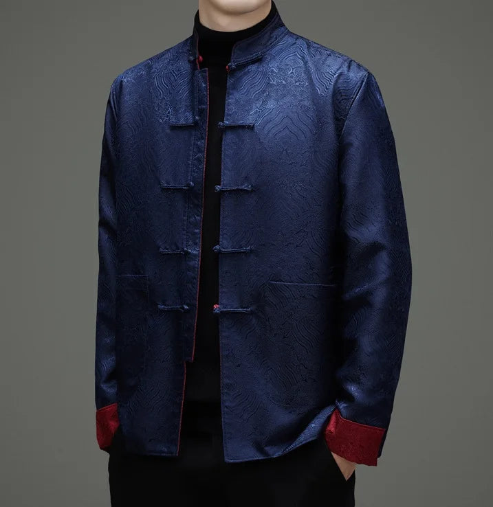 blue red Reversible Men’s Tang Jacket – Double-Sided Brocade Mandarin Coat  on a gray background