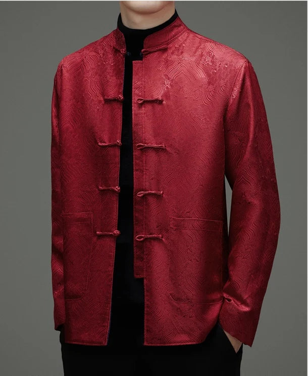 black red Reversible Men’s Tang Jacket – Double-Sided Brocade Mandarin Coaton a gray background