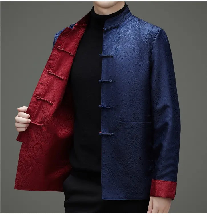 Person wearing a blue and red traditional Reversible Men’s Tang Jacket – Double-Sided Brocade Mandarin Coat  on a gray background