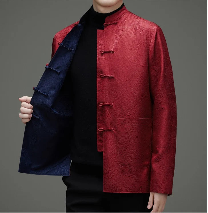 blue red Reversible Men’s Tang Jacket – Double-Sided Brocade Mandarin Coat  on a gray background