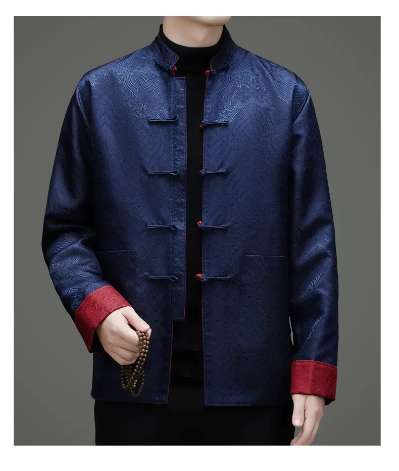 Navy blue traditional blue red Reversible Men’s Tang Jacket – Double-Sided Brocade Mandarin Coat   on a gray background