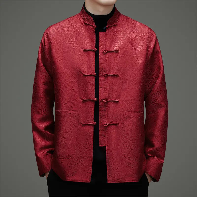  red Reversible Men’s Tang Jacket – Double-Sided Brocade Mandarin Coat on a gray background