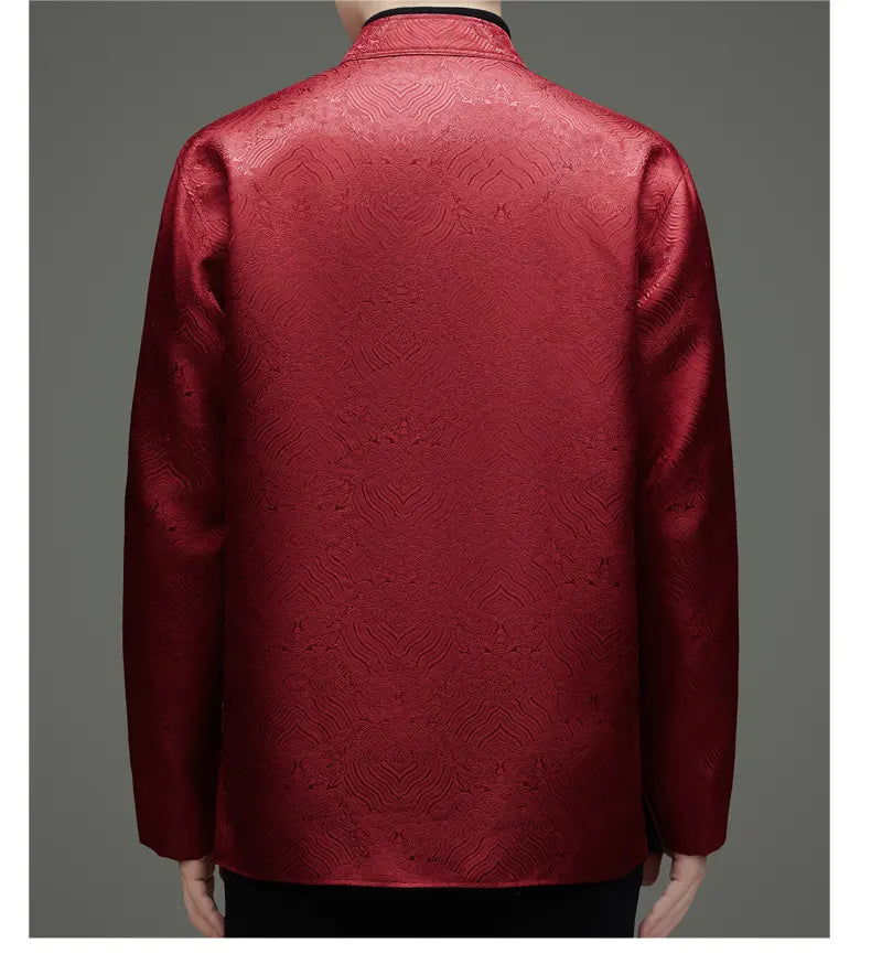 blue red Reversible Men’s Tang Jacket – Double-Sided Brocade Mandarin Coat on a gray background