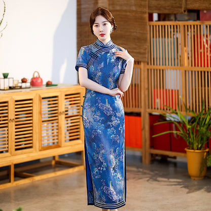 Robe Qipao Cheong à fleurs de pivoine bleue