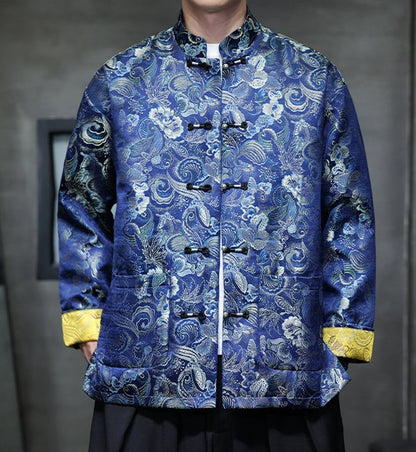 Veste Tang chinoise en brocart bleu