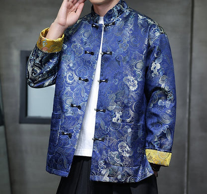 Veste Tang chinoise en brocart bleu