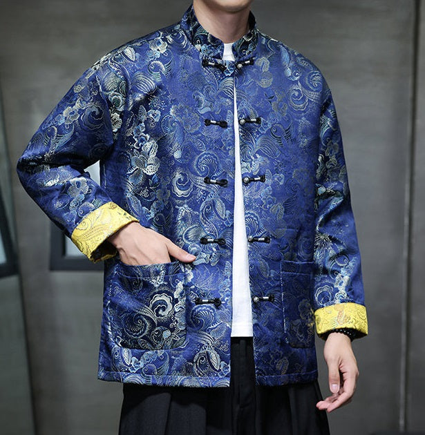 Veste Tang chinoise en brocart bleu