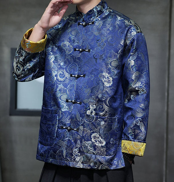 Veste Tang chinoise en brocart bleu