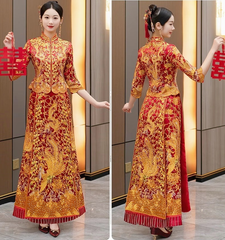 Robe de mariée Qun Kwa à motif de dragon et de phénix chinois | Gemme