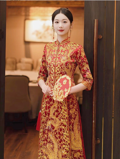 Robe de mariée Qun Kwa à motif de dragon et de phénix chinois | Gemme