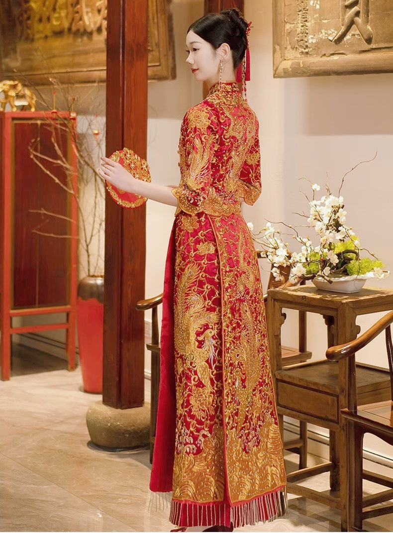 Robe de mariée Qun Kwa à motif de dragon et de phénix chinois | Gemme