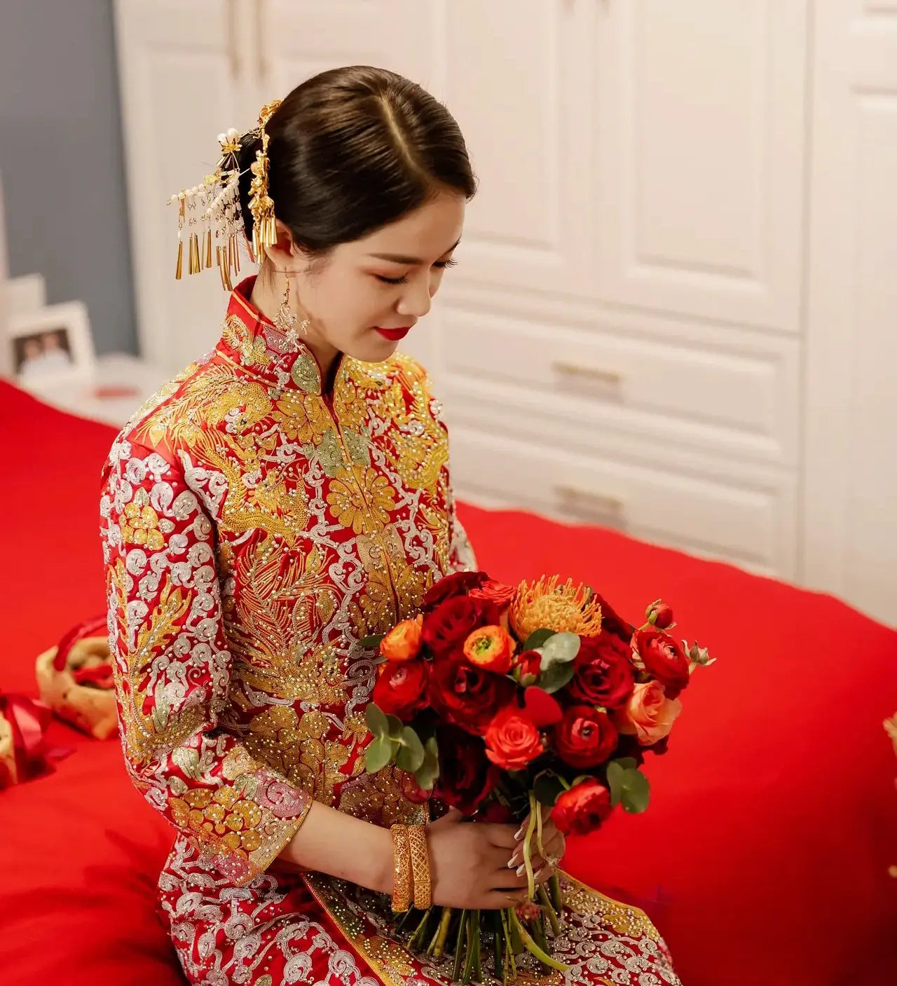 Multicolored Embroidered Qun Kwa - Cai Kwa Chinese Wedding Dress for Bride