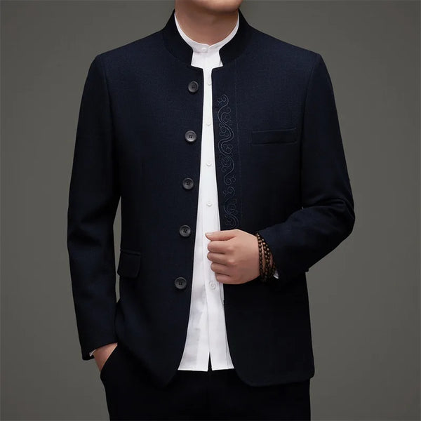 Dark blue Mandarin Collar Men's Chinese Zhongshan Tang Suit  with white shirt on a gray background