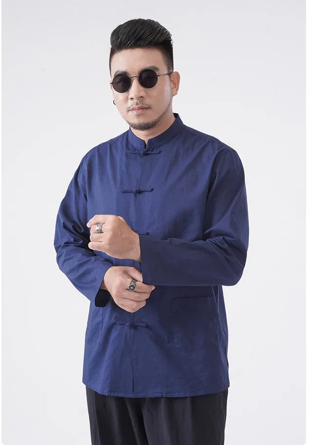  Dark blue Plus-Size Cotton Linen Chinese kongfu Tang  Shirt