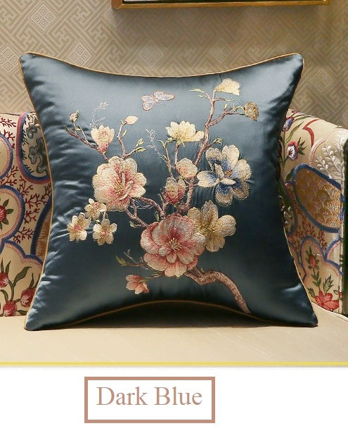 Navy blue Satin cushion cover with peach blossom embroidery 