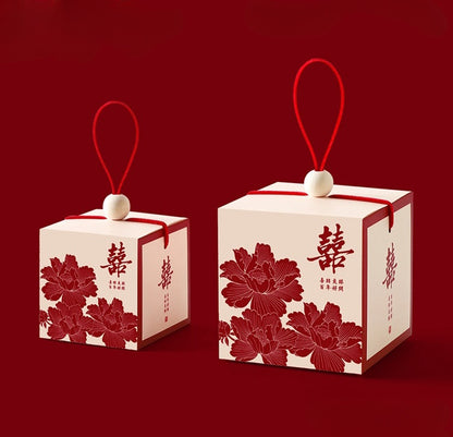 Boîte à dragées Double Happiness à motif floral rouge avec poignée (20 pièces)