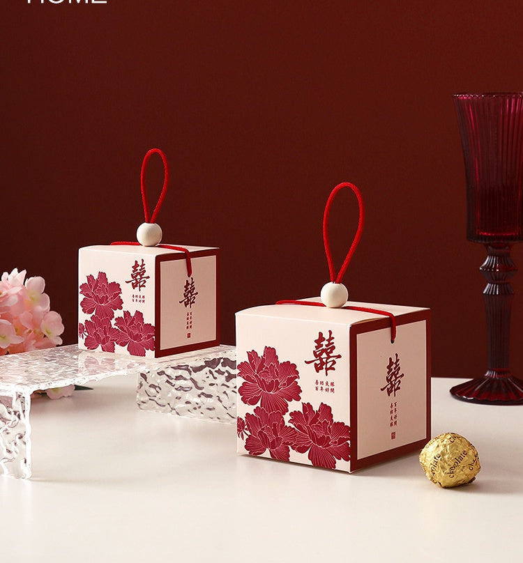 Chinese wedding favor boxes with red double happiness symbol, poeny flowers and chinese blessing