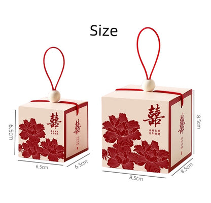 Chinese wedding favor boxes with red double happiness symbol, poeny flowers and chinese blessing