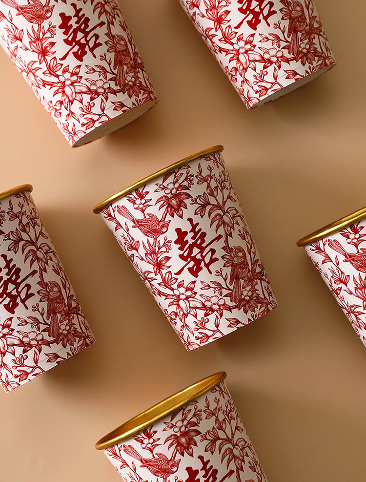 Elegant wedding-themed paper cups features red floral pattern with birds and the iconic "Double Happiness" (囍) character, symbolizing joy and marital bliss in Chinese culture