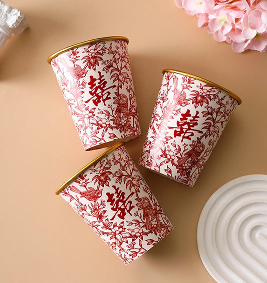 Elegant wedding-themed paper cups features red floral pattern with birds and the iconic "Double Happiness" (囍) character, symbolizing joy and marital bliss in Chinese culture