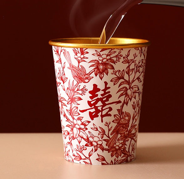 Elegant wedding-themed paper cups features red floral pattern with birds and the iconic "Double Happiness" (囍) character, symbolizing joy and marital bliss in Chinese culture