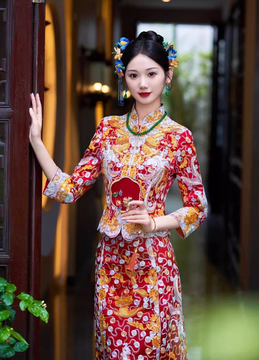 traditional chinese wedding dress dragon phoenix qun kwa