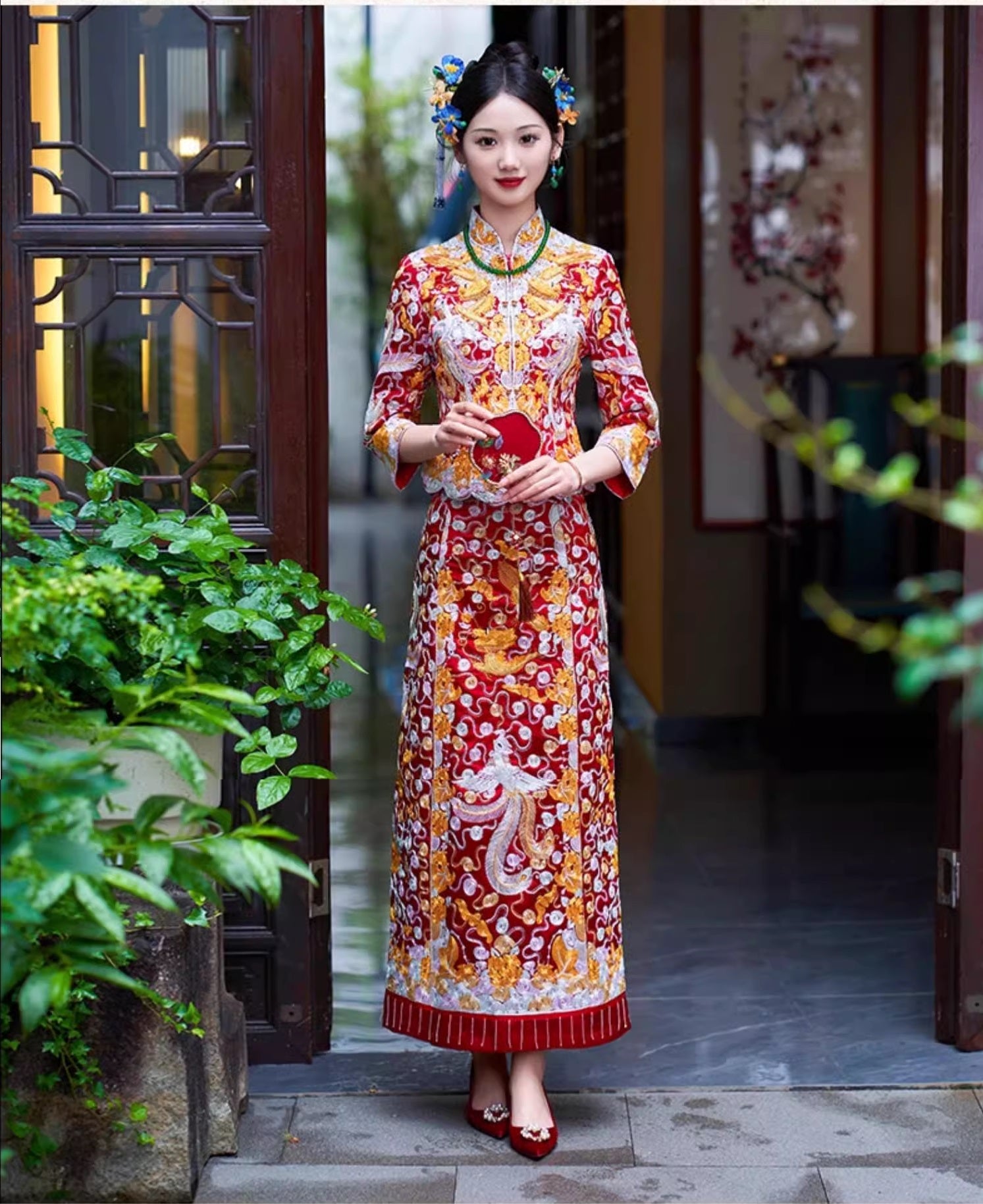 Red chinese wedding dress dragon phoenix qun kwa