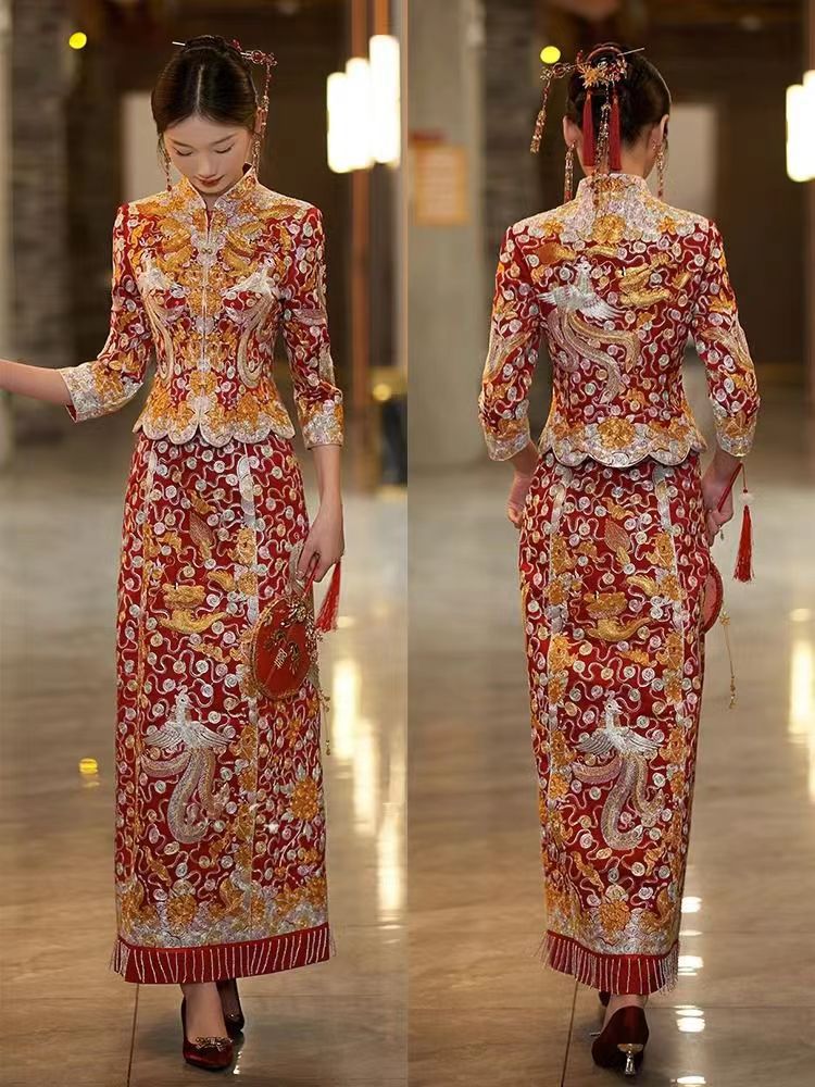 traditional chinese bridal dress dragon phoenix qun kwa gown