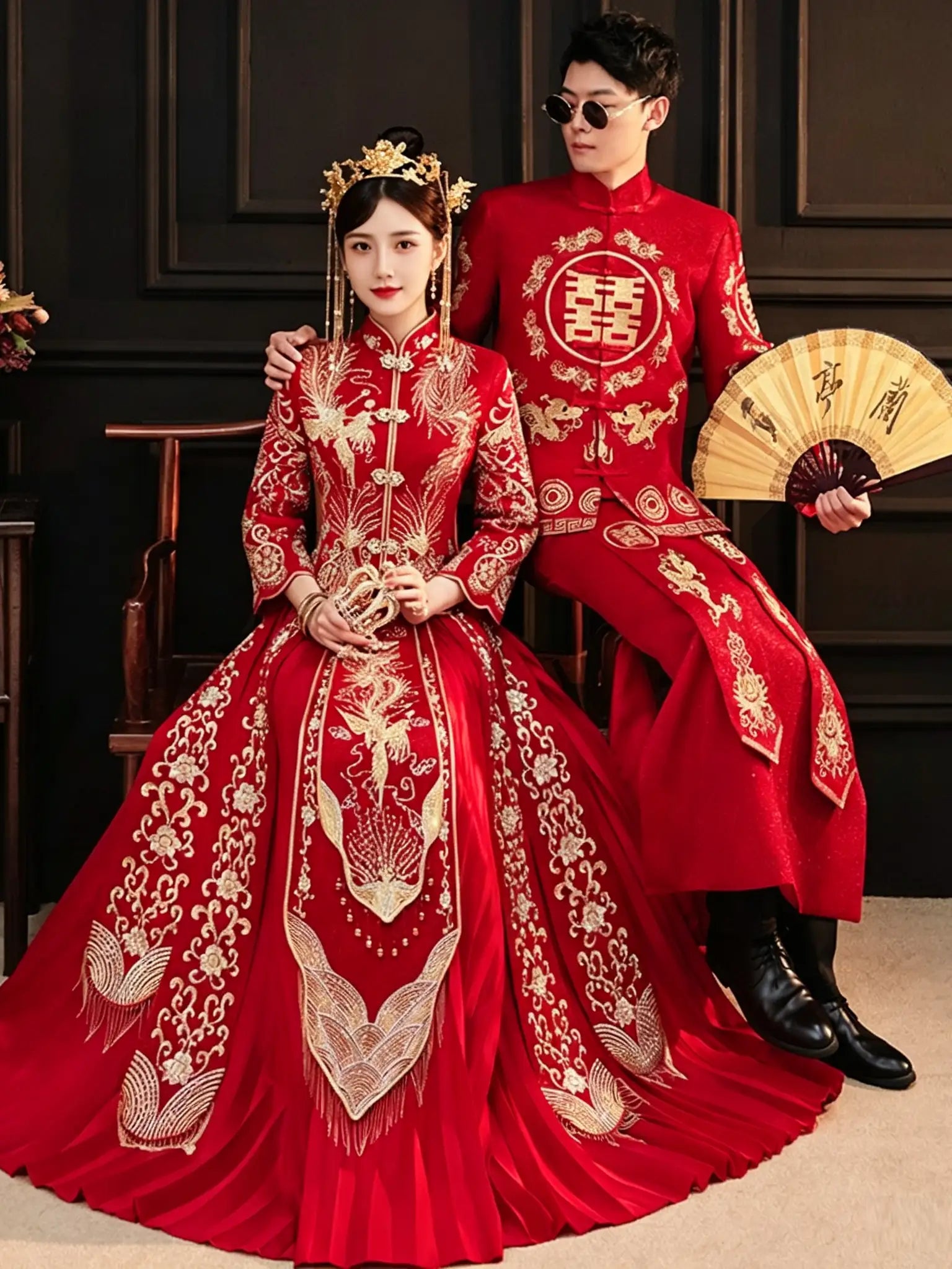 Traditional Chinese Wedding Dress - Red & Gold  Phoenix Qun Kwa Gown |Prosperity