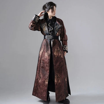 A man wearing a traditional Chinese Hanfu robe with reversible designs, featuring metallic splashes and embroidery on cuffs and lapels.