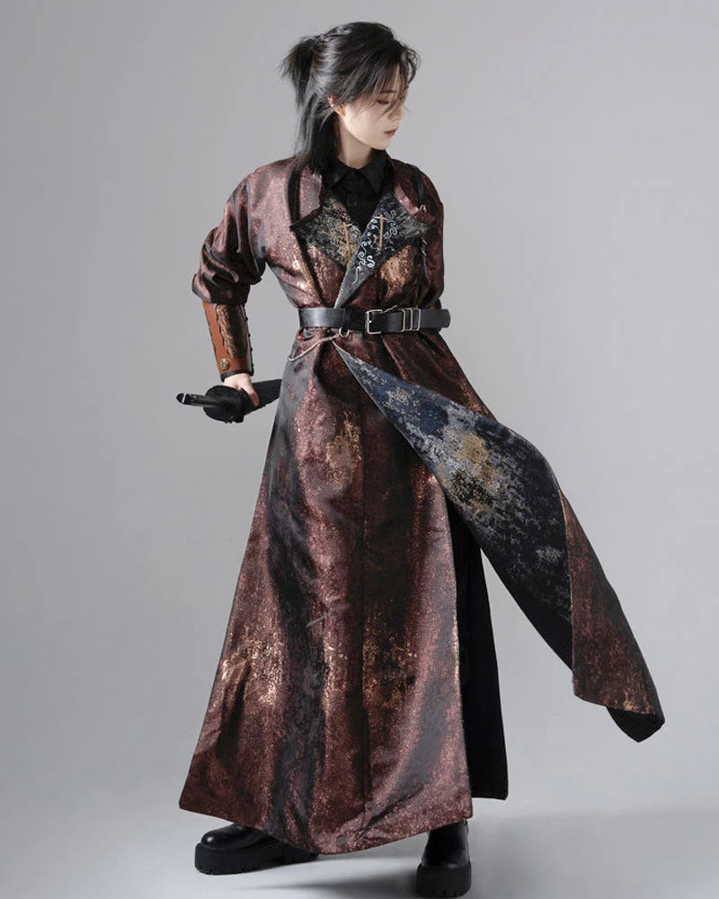 A man in Chinese Reversible Hanfu Robe coat holding a sword against a plain background.