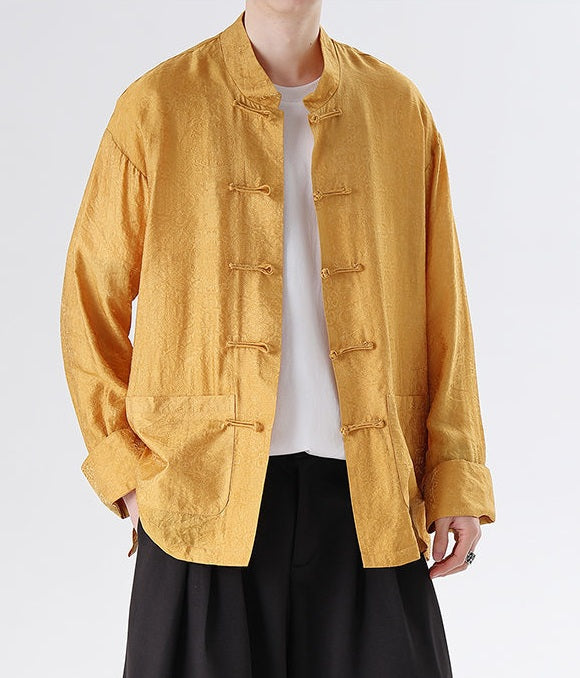 Yellow traditional Men's Oriental Jacquard Kung Fu Tang Shirt worn by a person on a white background