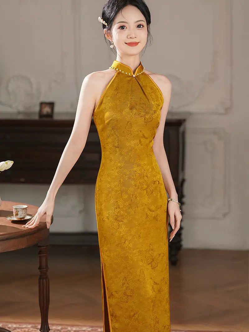 gold Pearl-Trimmed Sleeveless Halter Jacquard Satin Qipao