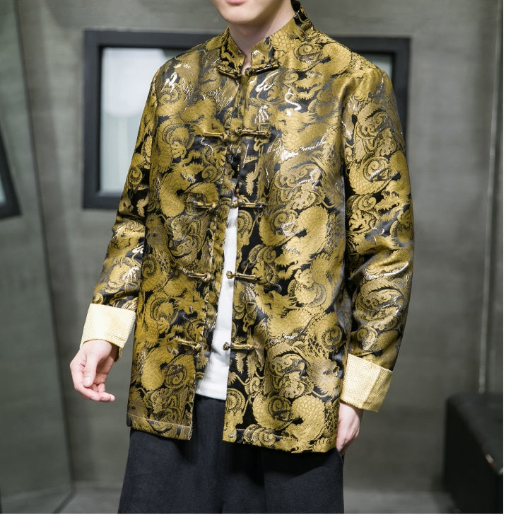 model in golden dragon tang jacket top