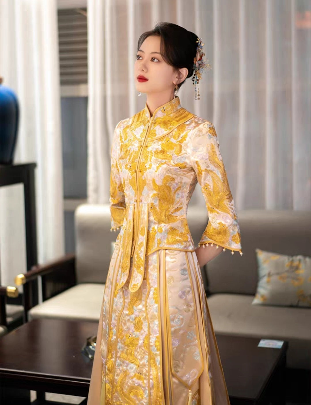 Golden Traditional Chinese Wedding Qun Kwa Dress| Everlasting