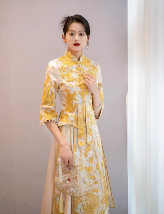 Golden Traditional Chinese Wedding Qun Kwa Dress