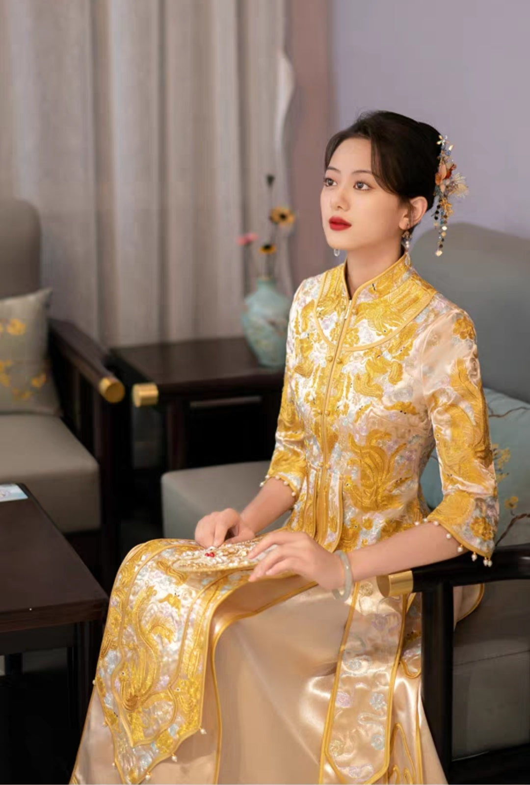 Golden Traditional Chinese Wedding Qun Kwa Dress| Everlasting