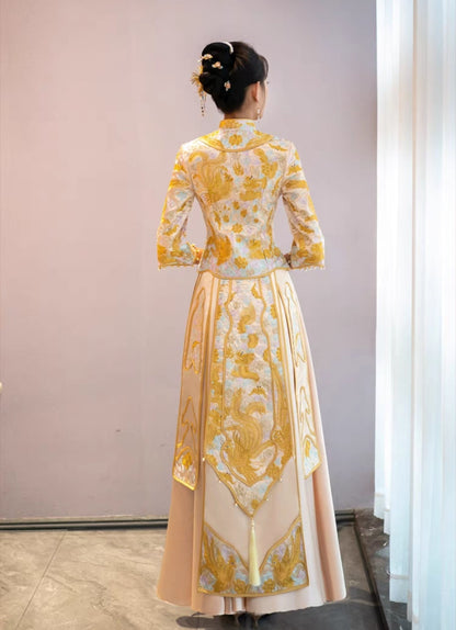 Golden Traditional Chinese Wedding dragon phoenix Qun Kwa Dress back