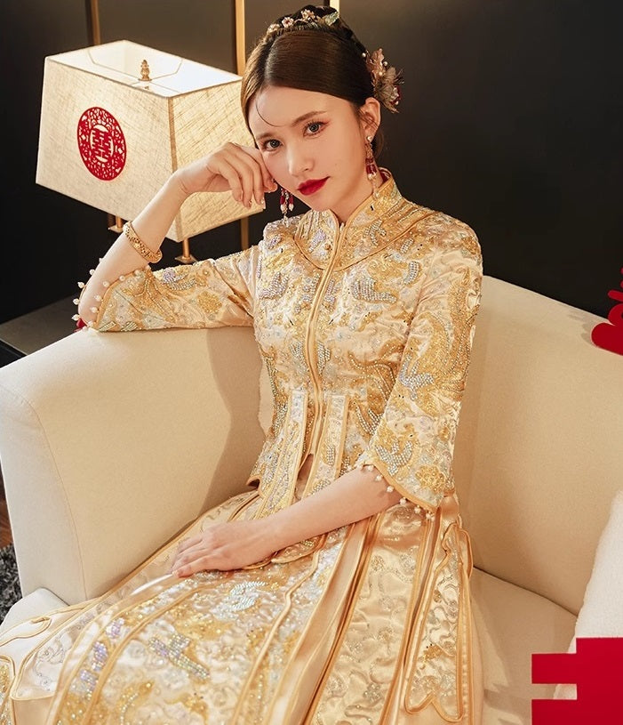 Golden Traditional Chinese Wedding Qun Kwa Dress| Everlasting