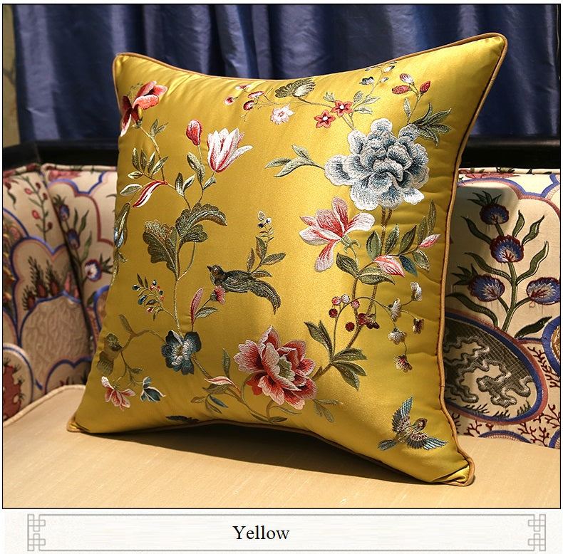 golden Oriental Peony  & Birds  Embroidered  Satin Cushion Covers