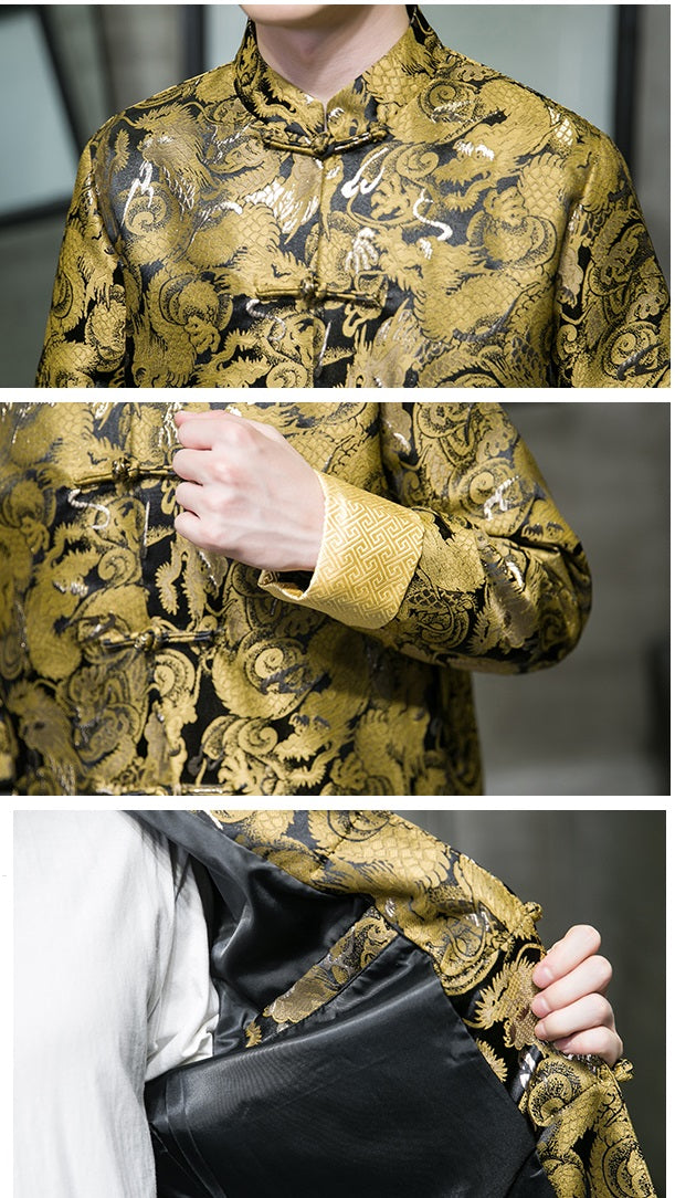 model in golden dragon tang jacket top detail