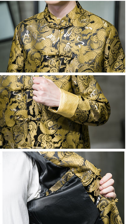 model in golden dragon tang jacket top detail