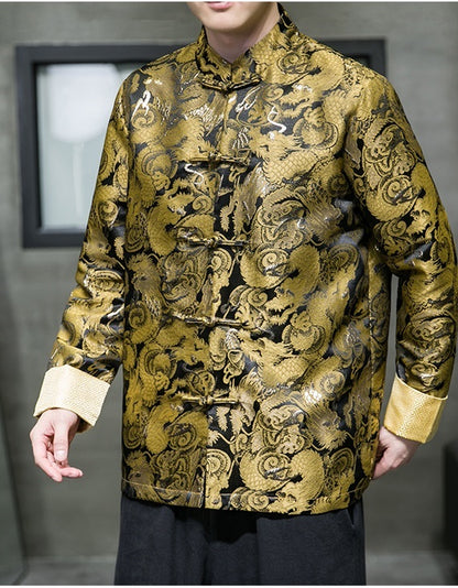 model in golden dragon tang jacket top with buttons closed