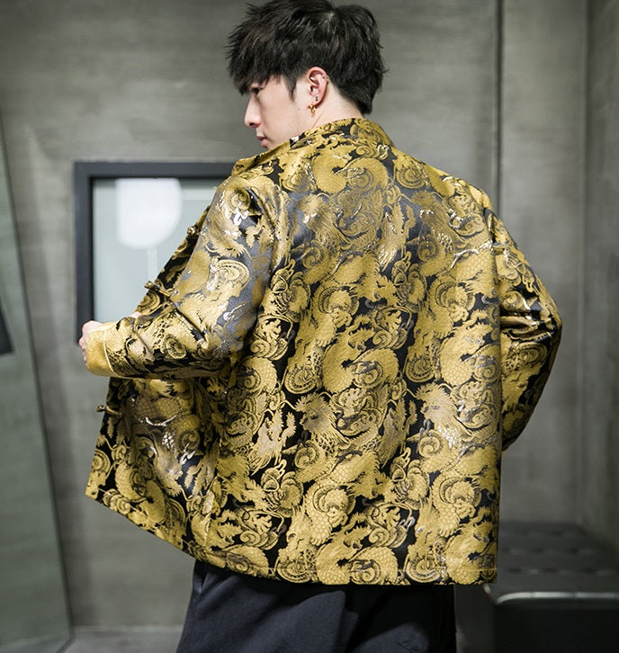 model in golden dragon tang jacket top back