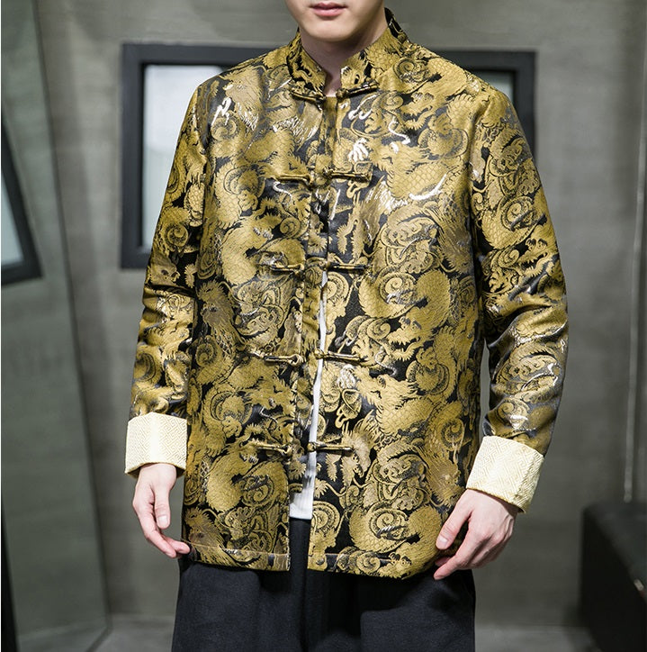 model in golden dragon tang jacket top