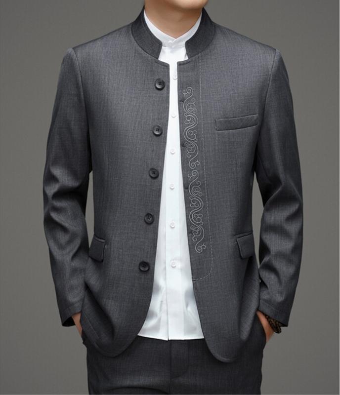 Gray Mandarin Collar Men's Chinese Zhongshan Tang Suit