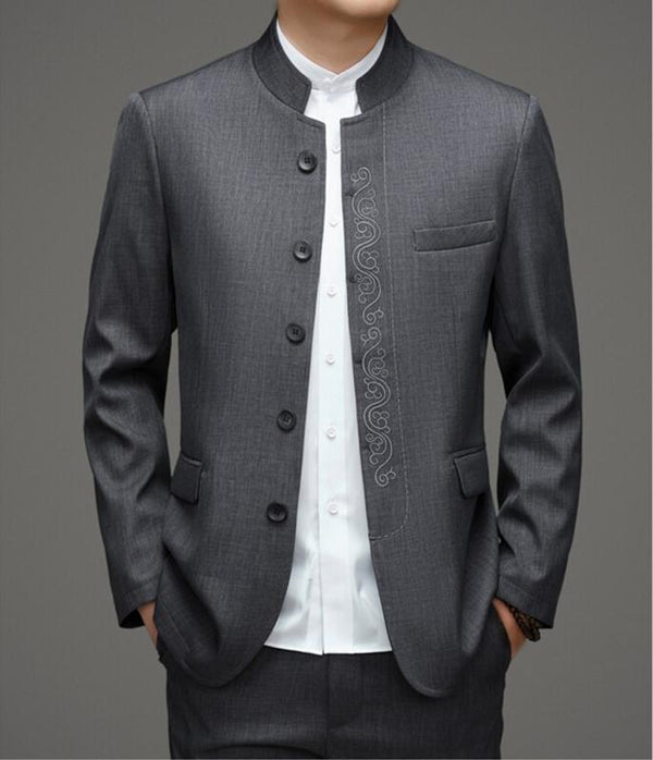 Gray Mandarin Collar Men's Chinese Zhongshan Tang Suit
