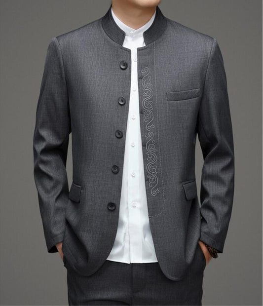 Gray Mandarin Collar Men's Chinese Zhongshan Tang Suit