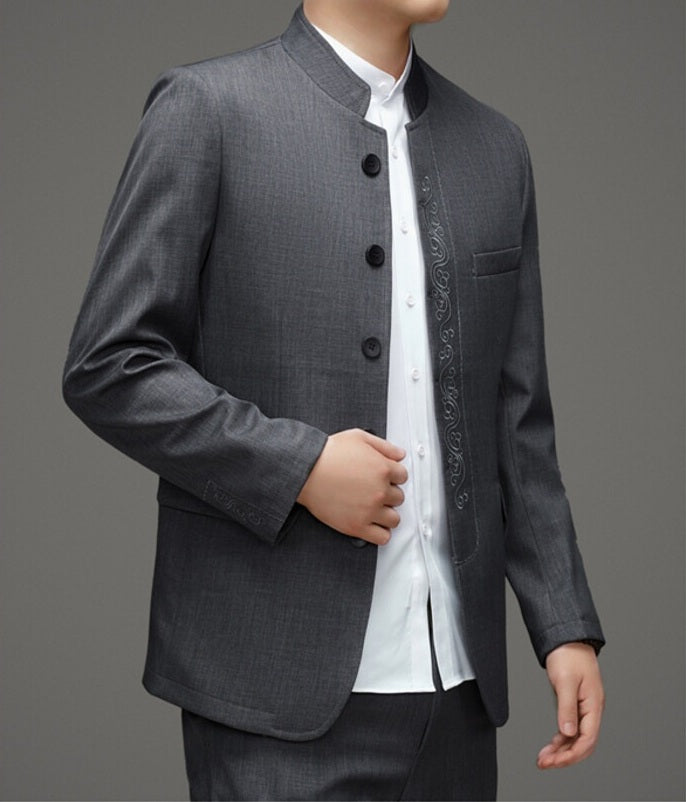 grey Mandarin Collar Men's Chinese Suit – Traditional Zhongshan Tang Jacket